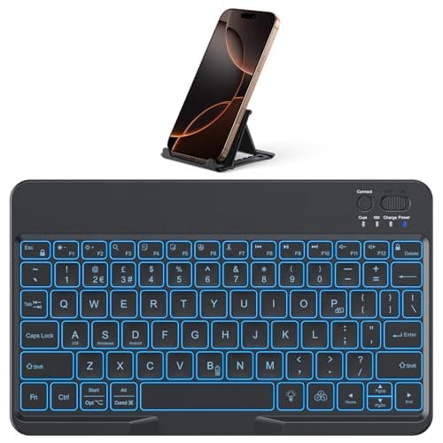 Image of OMOTON Backlit Bluetooth Keyboard UK Layout, Ultra-Slim Rechargeable Portable Wireless Keyboard with Phone Holder, Enlarged Keycaps for iPad/Samsung/Lenovo/Other iOS Android Windows Devices, Black