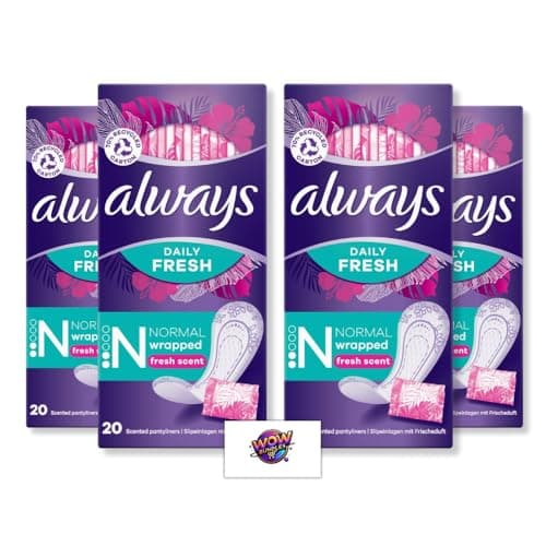 Image of Stay Fresh All Day: Daily Fresh Singles - Normal - Wrapped Pantyliners Bundle - Scented, Comfort & Protection - 80 Wrapped Panty Liners Total (4 Packs x 20) - Alway