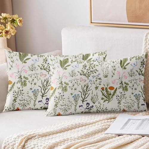 Image of XPHZZL Cushion Covers Set of 2 Pack 30 x 50 cm - Soft Sage Green Wild Flower Plant Rectangle Cushion Covers for Sofa Bed Garden Outdoor Spring Decor Flower Plant with Invisible Zipper 12 x 20 Inch