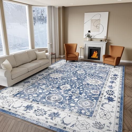 Image of IKALIFE Blue Rugs Living Room - 160x230 cm Machine Washable Soft Short Pile Non-Slip Vintage Large Area Rugs for Bedroom Dining Room Office Lounge, Traditional Non-Shedding Floor Carpet