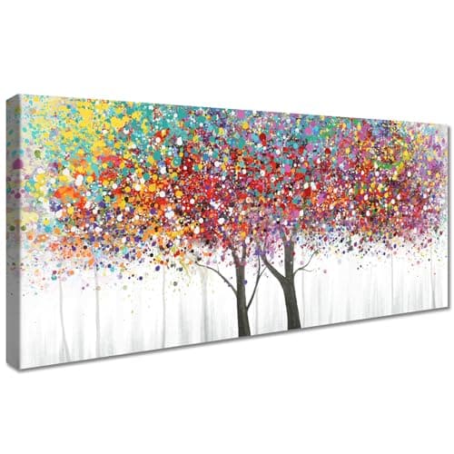Image of Wooden Framed Canvas Wall Art Colorful Tree of Life Large Painting On Canvas Poster Wall Artworks Abstract Tree Landscape Pictures for Living Room Bedroom Home Office Wall Decoration 50x120cm