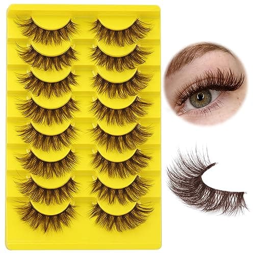 Image of ALICE Brown Lashes False Lashes Natural Look 17mm Eyelashes Cat Eye Faux Mink Lashes with Clear Band Wispy Fake Eyelashes Lash Strips 8 Pairs