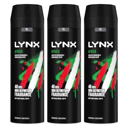 Image of Lynx XL Africa Body Spray Deodorant for Men 3 Pack, 48-Hour Odour Protection Warm Scent of Mandarin and Sandalwood, Men's Deodorant Spray with Zinc Technology, 200ml Each