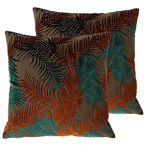 Image of Paoletti Palm Grove Feather Filled Cushions (Twin Pack), Polyester, Teal/Navy