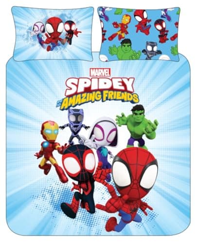 Image of Spidey and His Amazing Friends Blue Duvet Cover Set – Double Bedding Polycotton Set - Reversible Superhero Design for Kids - Official Marvel Bedding (Double)