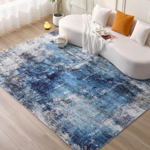 Image of COOUS Washable Rugs for Living Room 160x230cm - Ultra Soft, Short Pile Non-Slip Non-Shedding Abstract Carpet, Stain Resistant Faux Wool for Bedroom Dining Room (Blue)