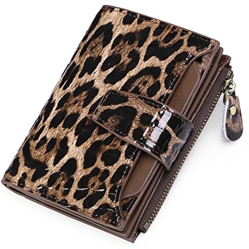 Image of SENDEFN Women's RFID Blocking Leather Small Compact Bi-fold Zipper Pocket Wallet Card Case Purse with ID Window (Leopard Black)