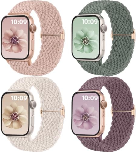 Image of Mastten 4 Pack Bands Compatible with Apple Watch Band 40mm 41mm 38mm 42mm Women Men, Braided Nylon Sport Strap, Solo Loop Bracelet for iWatch SE3 SE2 SE 11 10 9 8 7 6 5 4 3 2 1