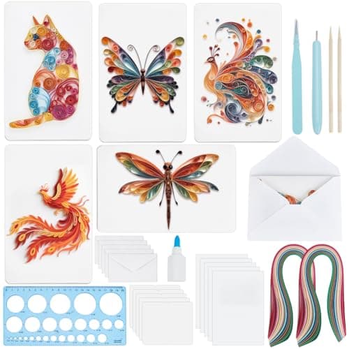 Image of WEBEEDY 20 Sets DIY Colourful Animal Quilling Cards Kit for Adults 5 Styles Cat,Butterfly,Dragonfly,Swan Quilling Card Making Kit with 36 Colors Strips,Instruction,Thanksgiving Christmas Wedding Gifts