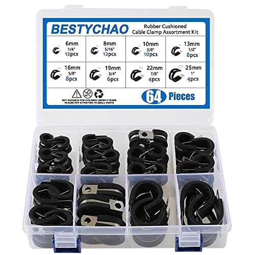 Image of BESTYCHAO 64pcs Rubber Lined P Clips Assortment Kit, 304 Stainless Steel Rubber Cushion Pipe Clamps in 8 Sizes 6mm 8mm 10mm 13mm 16mm 19mm 22mm 25mm