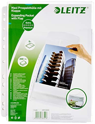 Image of Leitz Expanding Pocket with Flap, Pack of 5, Holds up to 200 A4 Sheets, Clear, 170 Micron PVC Foil, 47573003