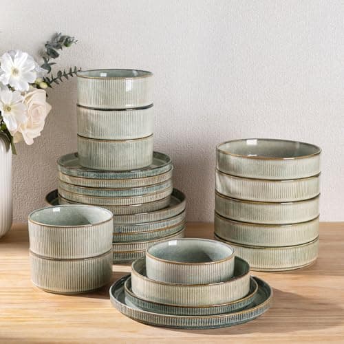 Image of GBhome Stoneware Dinner Sets with Pasta Bowls for 6 People, 24 Pieces Reactive Glaze Handcrafted Plates and Bowls Set, Scratch Resistant Dinnerware Set, Dishwasher & Microwave Safe, Desert Sage