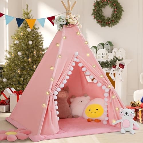 Image of WIRHAO Teepee Tent for Kids with Padded Mat Cotton Canvas Kids Tent with Pompom for Toddlers Indoor Play Tent for Girls Boys with Stars Lights, Carry Bag, Banner Flag (Pink)