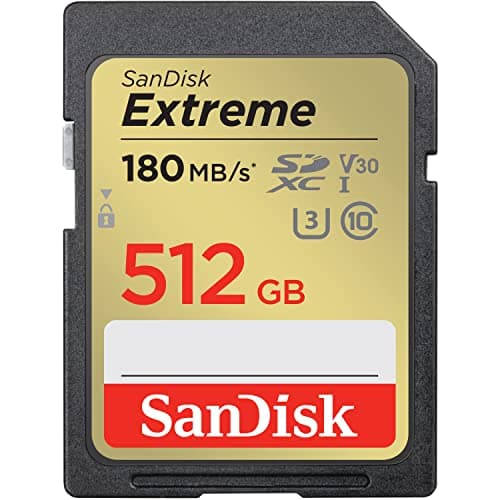 Image of SanDisk 512GB Extreme SDXC card, SD card up to 180MB/s, V30 Memory card, UHS-I, Class, 10, U3, V30, RescuePro Deluxe data recovery software.
