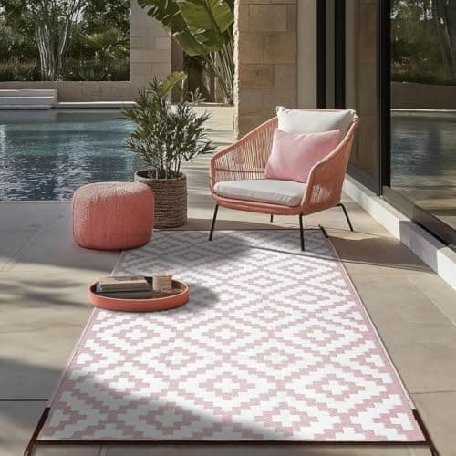 Image of Bliss Dusty Rose Pink White Outdoor Camping Rug 120x180cm 4x6ft Reversible Waterproof Picnic Mat Garden Patio Balcony Beach Festival Tent Ground Mat Compact Floor Rug Foldable Lightweight Portable