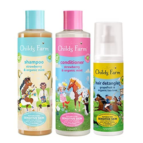 Image of Childs Farm | Kids Hair Regime Bundle Strawberry & Organic Mint Shampoo 250ml and Conditioner 250ml & Grapefruit Tea Tree Detangler 125ml Suitable for Dry, Itchy Eczema-Prone Skin, 3 Piece Set