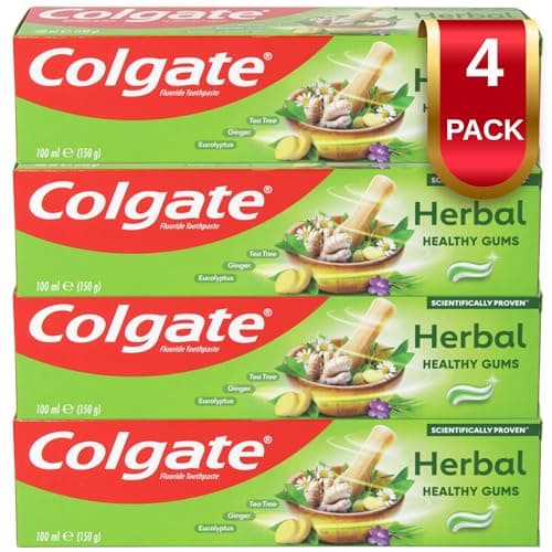 Image of New Formula Colgate Herbal Toothpaste - Multipack of 4 Pack of 100ml Toothpaste with Eucalyptus, Tea Tree, Camomile and Sage - Bulk Fluoride Protection Tooth Paste Gel for Gum Disease
