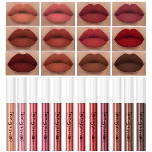Image of QiBest 12Pcs Velvet Matte Liquid Lipstick Makeup Sets for Women & Teens Gift, Waterproof Long Wear 24 Hours Nudes Burgundy Red Brown Lip Stain Kits, Non-Stick Cup Mate 24 Horas Lip Gloss Holiday Set