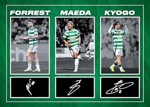Image of RJR PRINTS Kyogo Furuhashi, Daizen Maeda & James Forrest - Celtic Football Players Signed A4 Montage Autograph Photo Print With Pre Printed Signatures That Would Make A Superb Gift For Any Fan.