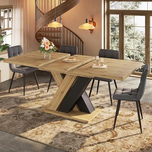 Image of BTM Extending Dining Table 119-158.5cm Kitchen Extendable Table 4-6 for Living Room, Dining Room, X-shaped Legs, Black&Wood