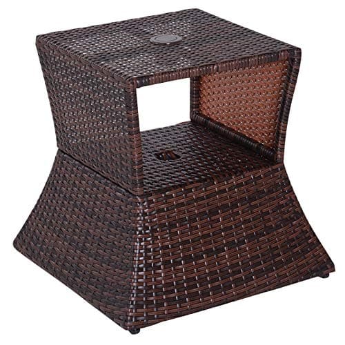 Image of Outsunny Outdoor Patio Rattan Wicker Coffee Table Bistro Side Table w/Umbrella Hole and Storage Space, Brown