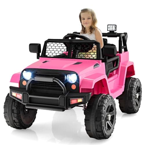 Image of Maxmass Kids Electric Ride on Car, 12V Off Road Electric Truck with Remote Control, Music, Horn, USB/AUX Port, Spring Suspension Wheels, Battery Powered Electric Vehicle for 3+ Years Old (Pink)