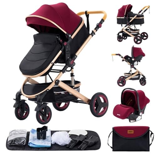 Image of GLOKID 3 in 1 Prams Travel System, 0-4 Years, Foldable, Compact and Reclining Baby Pushchair, Aluminum Frame, Accessories, Nursery Bag (530 Red)