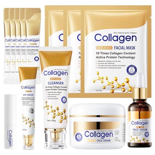 Image of Collagen Skincare Set 13PCS, Anti Aging Skin Care Set: Face Cleanser & Face Serum & Eye Cream & Face Cream & 3PCS Face Mask & 5PCS Sleep Mask & Lip Balm, Reduce Wrinkles, Skin Care Gift Sets for Women