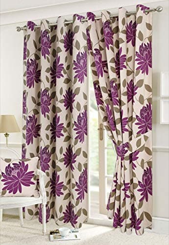 Image of Isla Poppy and Seren Floral Pattern Luxury Curtain Pairs Fully Lined Eyelet Top Curtains With Matching Tie Backs (Seren Purple, 66" x 54")