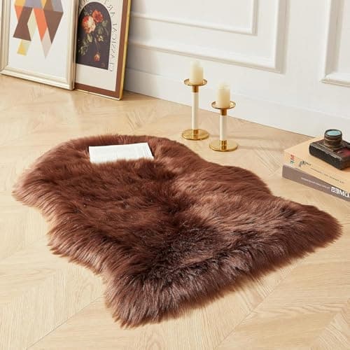 Image of Ultra Soft Fluffy Sheepskin Rug Dark Brown 60x90 cm, Faux Fur Rug for Bedroom Sofa Throw Cushion Room Decor
