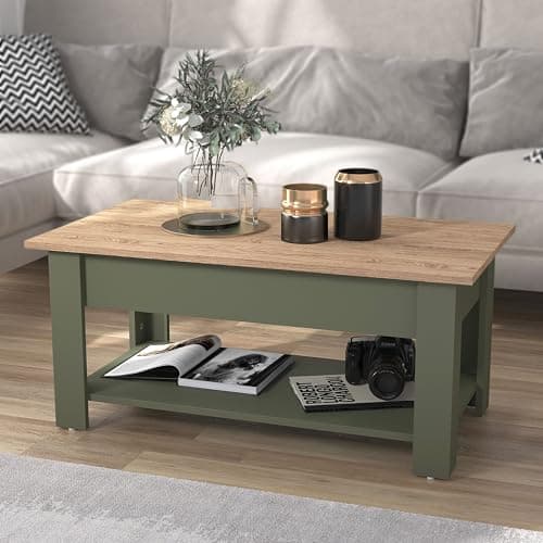 Image of Galano Brixburn Coffee Table – Modern Storage Table with Distressed Oak Finish for Living Room, Entryway, or Foyer – Space-Saving Design – Kale Green/Oak