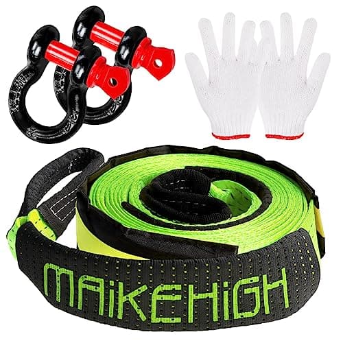 Image of MAIKEHIGH Tow Rope 5M x 5cm,10 Ton (22,000 Lbs) Off-Road Recovery Tow Strap with 2 Anti-Proof Gloves, 2 Reinforced Shackles (Green)
