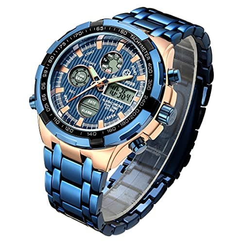 Image of Affute Fashion Mens Watches Stainless Steel Sport Chronograph Waterproof Date Alarm Multifunction Analog Digital Watch (Rose Gold Blue)
