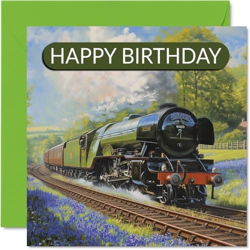 Image of Birthday Card for Train Enthusiast Gifts - Flying Scotsman Steam Trains - Happy Birthday Card for Friends Family Colleague 145mm Locomotive Steam Engine Trainspotter Greeting Cards