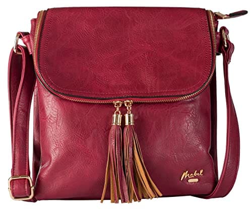 Image of Mabel Women’s Crossbody Bag – Faux Leather Shoulder Bag with Flap, Adjustable Strap & Multiple Compartments – Elegant & Lightweight Messenger Handbag - Polly (Design 5 - Wine Red)