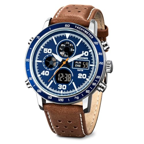 Image of PINDOWS Watches for Men, Men Military Digital Analog Casual Dual Time Leather Wristwatch Multifunctional Fashion Watch with LED Backlight Alarm Stopwatch Calendar