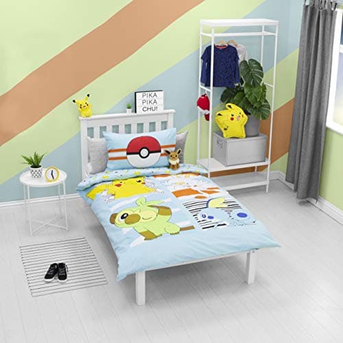 Image of Pokemon Jump Single Duvet Cover | Featuring Pikachu, Grookey, Scorbunny, and Sobble Inc | Officially Licensed Blue Polycotton Reversible Two Sided Design,PKNJUMDS004UK1