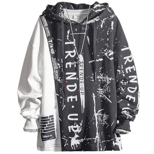 Image of Covisoty Men's Hoodie Techwear Hip Hop Urban Streetwear Hoodies Print Patchwork Long Sleeve Pullover Japanese Sweatshirt Autumn Winter Grey M