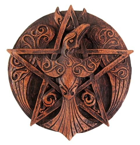 Image of Dryad Design Crescent Moon Raven Pentacle Wall Plaque - Pagan Wiccan Home Decor (Wood Finish)