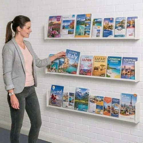 Image of Metroplan Wall-Mounted Literature Display Shelf, White Wooden Leaflet Holder with Acrylic Fascia, 222x 1314 x 92 mm, Modern Design - for Reception, Waiting Rooms and Info Hubs