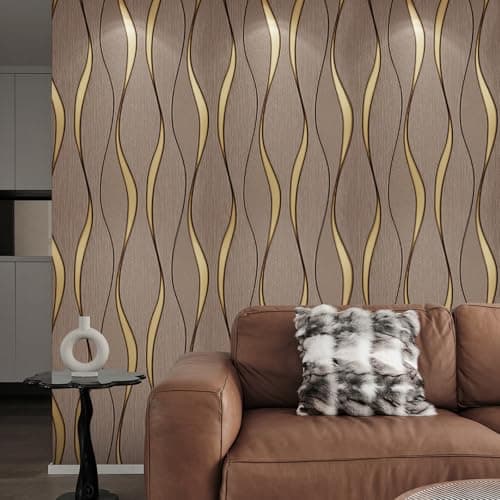 Image of Snewvie Brown Wallpaper Wave Stripes Glitter Wallpaper 3D Effect Textured Wall Paper Flocking Embossed Roll Wallpapers for Living Room Adults Bedroom Hallway Kitchen