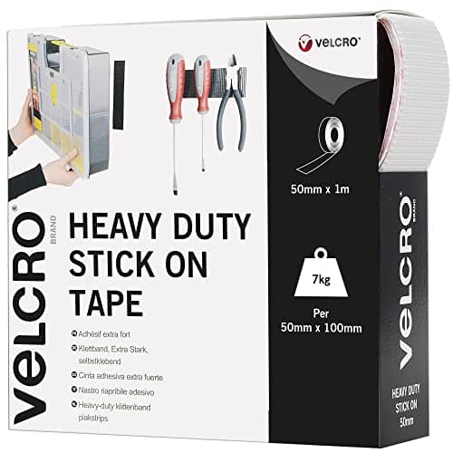 Image of VELCRO Brand, Heavy Duty Stick On Tape, Cut-to-Length Industrial Extra Strong Double Sided Hook & Loop Self Adhesive Tape Perfect for Room Décor & Home, Office, Garage Use, White, 50mm x 1m