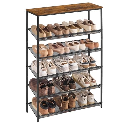 Image of VASAGLE Shoe Rack 6 Tier Large Surface Adjustable Mesh Shelves Space Saving for Entryway Hallway Metal Industrial Style Vintage Brown Ink Black LBS044KD01