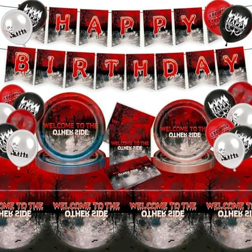 Image of Stranger Birthday Balloons Party Plates and Napkins,Happy Birthday Banner,Stranger Party Decorations for Funny Spooky Theme Tableware Favours (1)