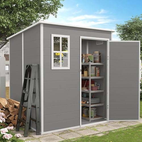 Image of Amopatio Outdoor Resin Storage Shed 6x6 FT, Plastic Garden Shed for Bike, Garbage Can, Tool, Outside Sheds & Outdoor Storage Storage Box with Lockable Door for Backyard, Patio, Lawn, Grey & White