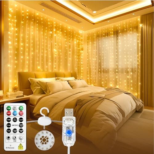 Image of SINAMER Curtain Lights Indoor, 3m×3m 300LED Tangle-Free Curtain Fairy Light with Remote & DIY Timer, USB Plug in 8 Modes Hanging Twinkle String Lights for Bedroom Christmas Wedding Party,Warm White