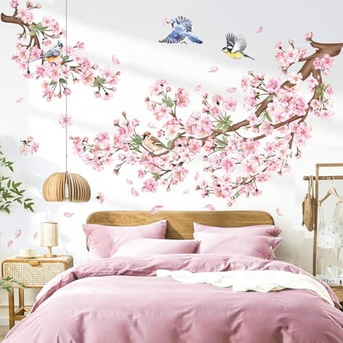Image of decalmile Cherry Blossom Branch Wall Decals Pink Floral Birds Wall Stickers Bedroom Living Room Sofa TV Background Wall Decor