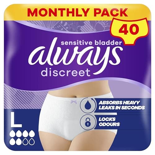 Image of Always Discreet Incontinence Pants Women Large, UK Size 16-22, White, Absorbency 5, 40 Disposable Underwear , Knickers (10 x 4 Packs), Heavy Bladder Leak Protection , Maternity Postpartum Pants