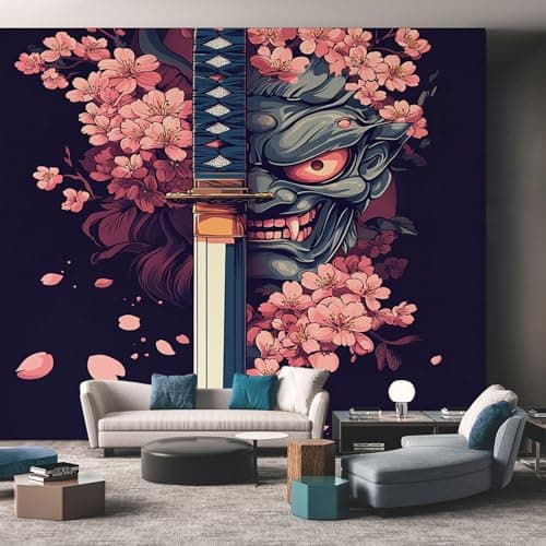 Image of Japanese Cherry Blossom Mural Wallpaper, Japan Samurai Mask Wallpaper for Bedroom, Living Room, TV Backdrop, Office, 3D Large Wall Mural Non-Woven Wall Paper 350 x 256 cm (WxH) Qii70