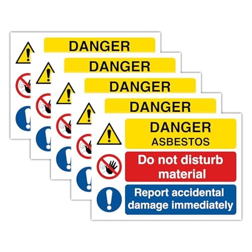 Image of 5 Pack Danger Asbestos Warning Signs – A6 (105 x 148 mm), Do Not Disturb Material, Report Damage Immediately Labels, Self-Adhesive Safety Stickers for Workplace & Construction